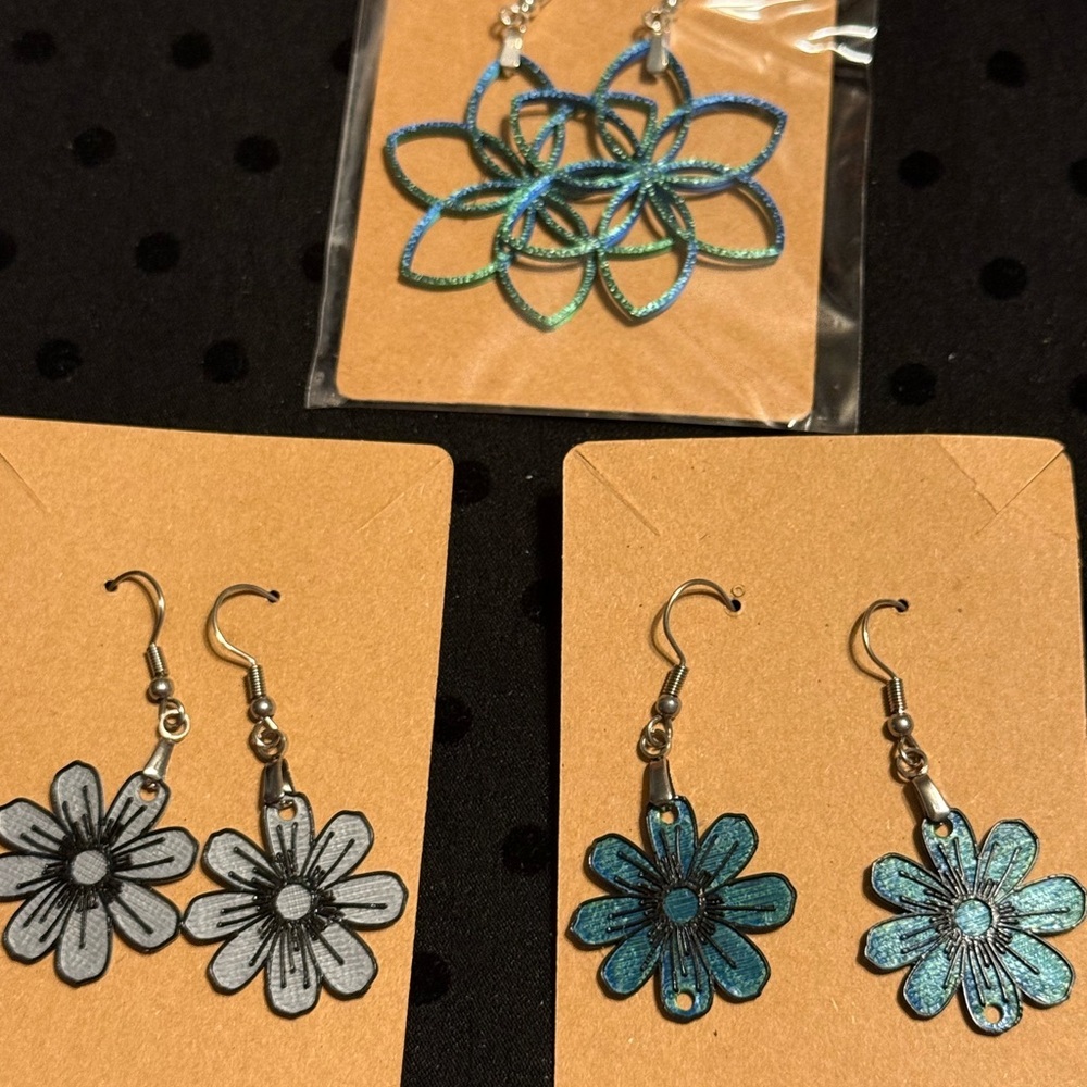 Floral Blue and Silver Earrings Set